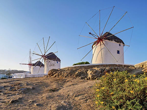 Chora Windmills at sunrise, Mykonos Town, Mykonos Island, Cyclades, Greek Islands, Greece, Europe