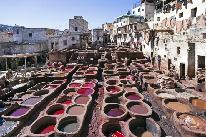 Framed Print : Chouwara traditional leather tannery in Old Fez, vats for tanning and dyeing leather hides and skins, Fez, Morocco, North Africa, Africa Framed Print : Chouwara traditional leather tannery in Old Fez, vats for tanning and dyeing leather hides and skins, Fez, Morocco, North Africa, Africa