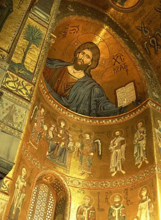 Framed Print : Christ Pantocrator above Madonna, angels and apostles, late 12th century mosaics in apse in the cathedral, Monreale, Sicily Framed Print : Christ Pantocrator above Madonna, angels and apostles, late 12th century mosaics in apse in the cathedral, Monreale, Sicily