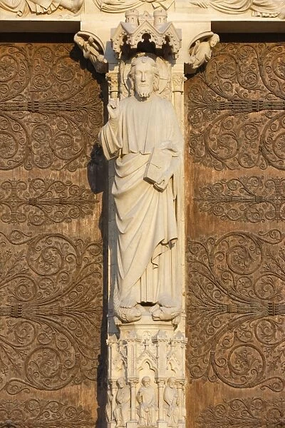 Christ sculpture, west front, Notre Dame cathedral, Paris, France, Europe