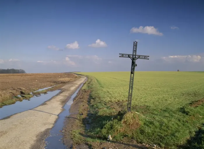 Framed Print : Christian calvary beside muddy track and fields in landscape near Agincourt Framed Print : Christian calvary beside muddy track and fields in landscape near Agincourt