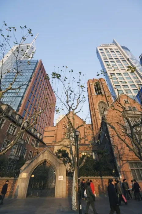 Framed Print : A Christian church among modern skyscrapers on Renmin Square, Puxi area Framed Print : A Christian church among modern skyscrapers on Renmin Square, Puxi area