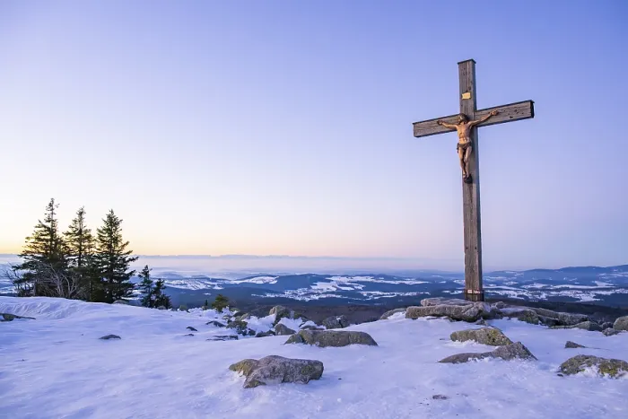 Framed Print : Christian cross on the peak of Mount Lusen with the view over the hills of the bavarian forest at sunrise at winter, Bavaria, Germany Framed Print : Christian cross on the peak of Mount Lusen with the view over the hills of the bavarian forest at sunrise at winter, Bavaria, Germany