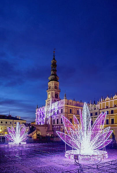 Christmas decorations at the main square of Zamosc, Lublin Voivodeship, Poland, Europe