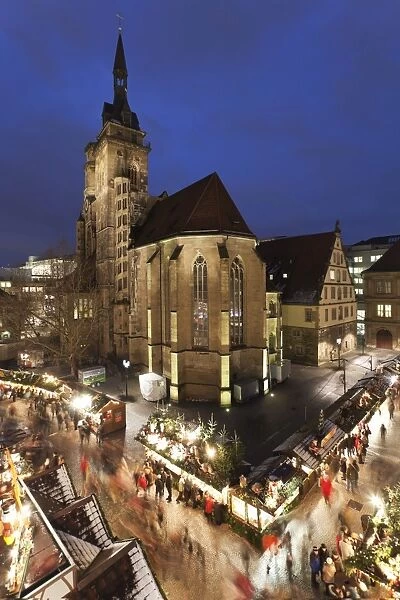 Christmas fair on Schillerplatz Square, Stiftskirche church, Stuttgart, Baden Wurttemberg, Germany, Europe