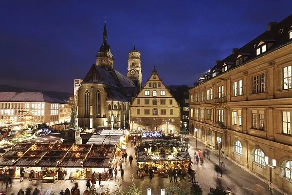 Christmas fair on Schillerplatz square with Stiftskirche church, Stuttgart, Baden Wurttemberg, Germany, Europe