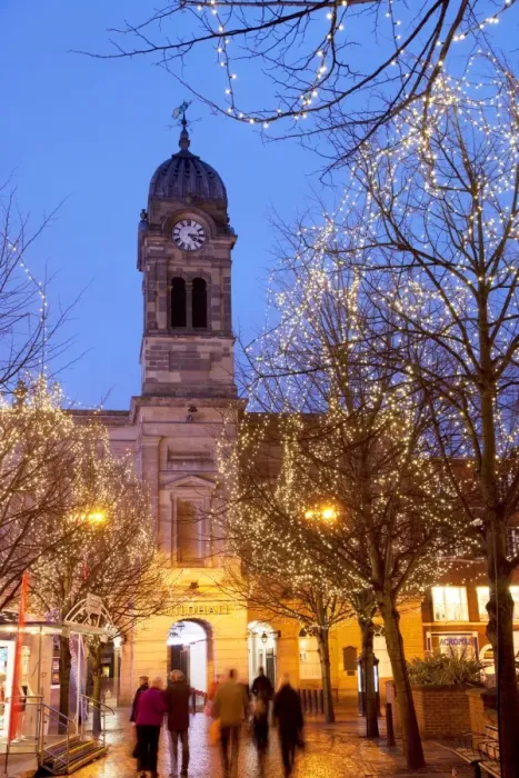 Framed Print : Christmas lights and Guild Hall at dusk, Derby, Derbyshire, England, United Kingdom Framed Print : Christmas lights and Guild Hall at dusk, Derby, Derbyshire, England, United Kingdom