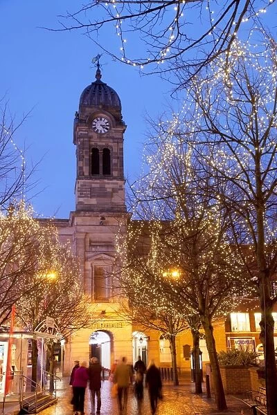 Christmas lights and Guild Hall at dusk, Derby, Derbyshire, England, United Kingdom