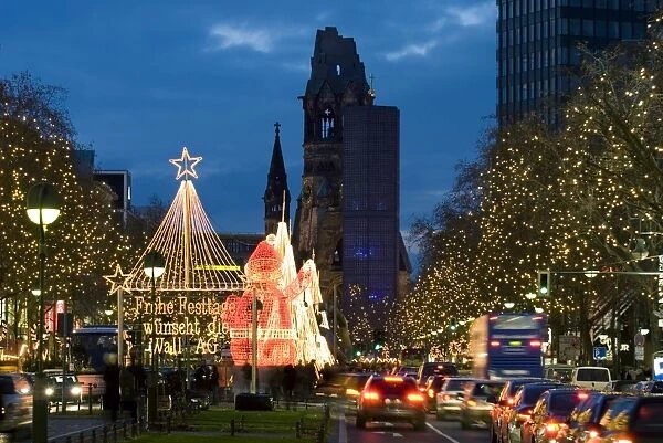 Christmas lights leading up to the Kaiser Wilhelm Memorial Church, Berlin, Germany, Europe