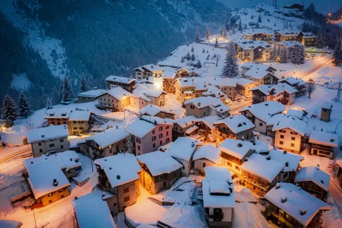 Framed Print : Christmas lights on mountain houses and chalets covered with snow at dusk, Pianazzo Framed Print : Christmas lights on mountain houses and chalets covered with snow at dusk, Pianazzo