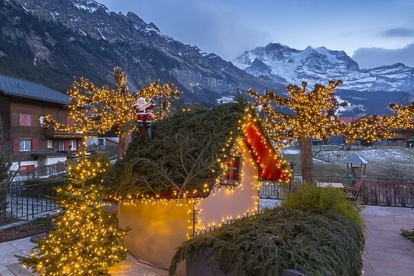 Christmas lights near Dorfstrasse in Wengen, Jungfrau region, Bernese Oberland, Swiss Alps