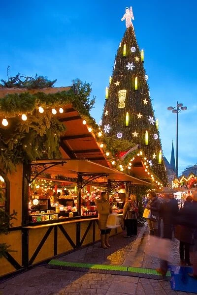 Christmas Market and the Biggest Christmas Tree in the World, Hansaplatz, Dortmund, North Rhine-Westphalia, Germany, Europe