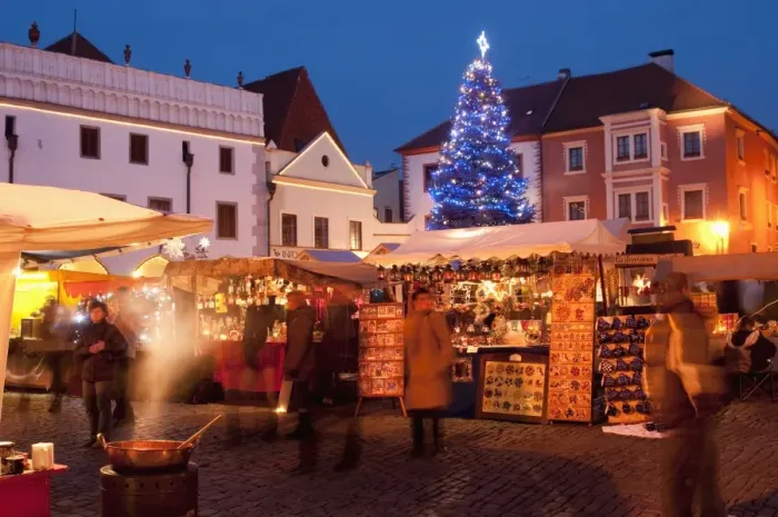 Framed Print : Christmas Market stalls and Christmas tree at twilight, Svornosti Square Framed Print : Christmas Market stalls and Christmas tree at twilight, Svornosti Square