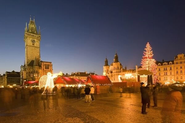 Christmas market at Staromestske (Old Town Square) with Gothic Old Town Hall
