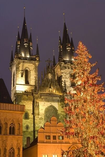 Christmas tree decoration and towers of Tyn Cathedral at Staromestske (Old Town Square)