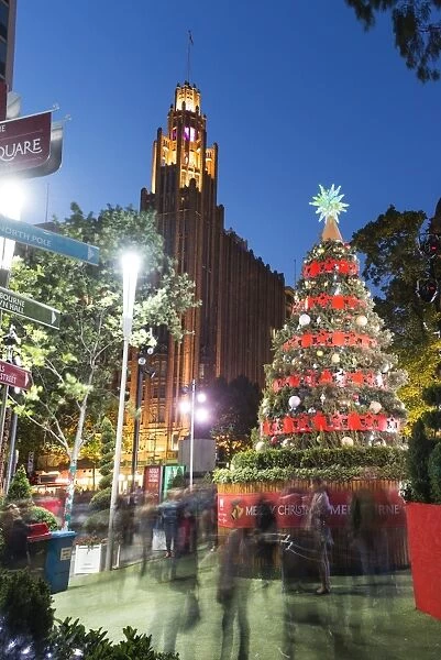 Christmas tree and decorations with Manchester Unity Building at City Square, Melbourne