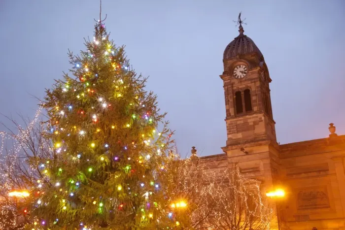 Framed Print : Christmas tree and Guild Hall at dusk, Derby, Derbyshire, England, United Kingdom, Europe Framed Print : Christmas tree and Guild Hall at dusk, Derby, Derbyshire, England, United Kingdom, Europe
