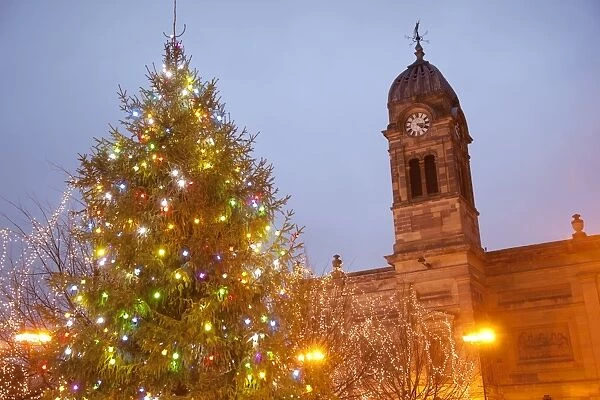 Christmas tree and Guild Hall at dusk, Derby, Derbyshire, England, United Kingdom, Europe
