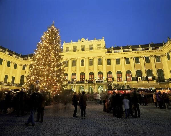 Christmas tree in front of Schonbrunn Palace at dusk, UNESCO World Heritage Site
