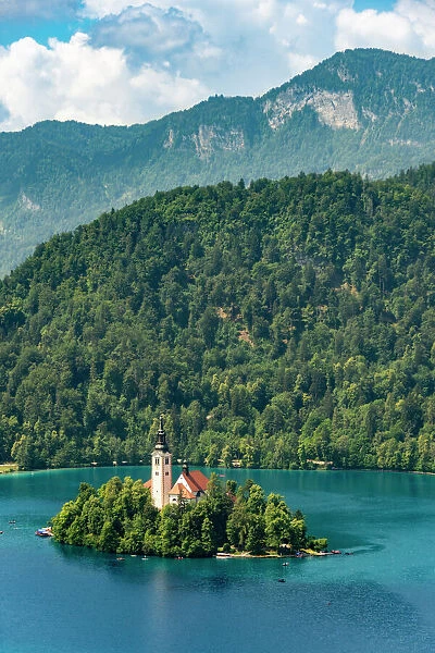 The Church of the Assumption of Mary on its own island, Lake Bled, Slovenia, Europe