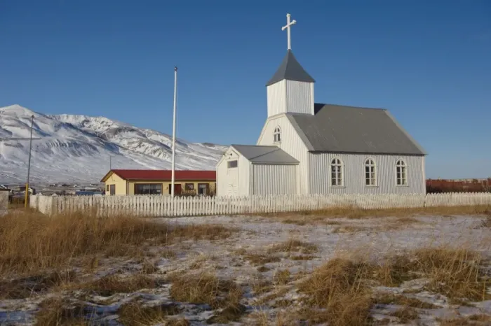 Framed Print : Church at Bakkagerdi, Borgarfjordur Eystri, East Fjords area, Iceland, Polar Regions