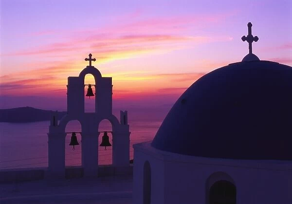 Church and Bell Tower at Sunset, Santorini, Cyclades, Greece