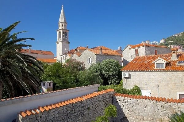 Church belltower from City Wall, Old Town, Budva, Montenegro, Europe
