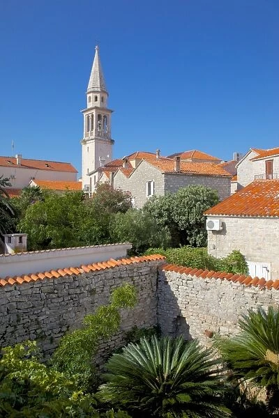 Church belltower from City Wall, Old Town, Budva, Montenegro, Europe