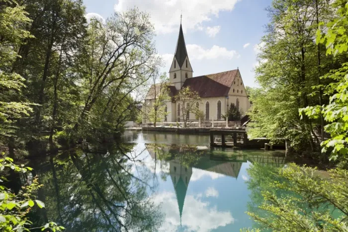 Framed Print : Church of Blaubeuren Monastry reflecting in Blautopf Spring, Blaubeuren, Swabian Alb, Baden Wurttemberg, Germany, Europe Framed Print : Church of Blaubeuren Monastry reflecting in Blautopf Spring, Blaubeuren, Swabian Alb, Baden Wurttemberg, Germany, Europe