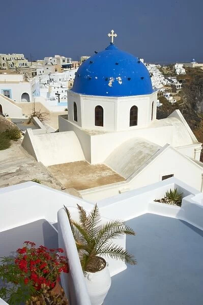 Church with blue dome, Fira, Thira, Santorini, Cyclades, Greek Islands, Greece, Europe