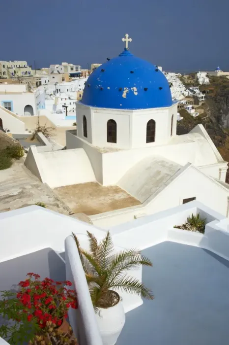 Framed Print : Church with blue dome, Fira, Thira, Santorini, Cyclades, Greek Islands, Greece, Europe