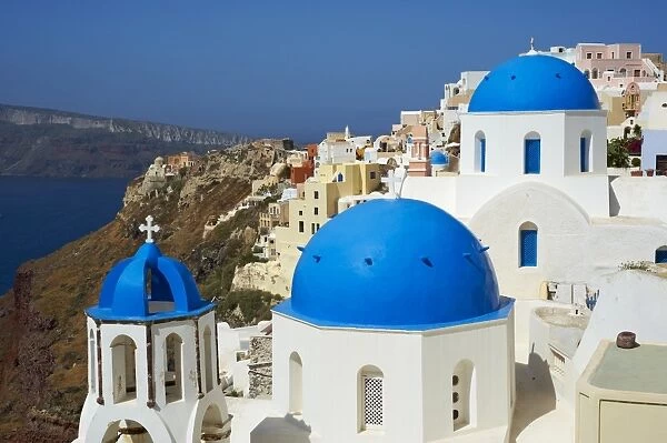 Church with blue dome, Oia (Ia) village, Santorini, Cyclades, Greek Islands