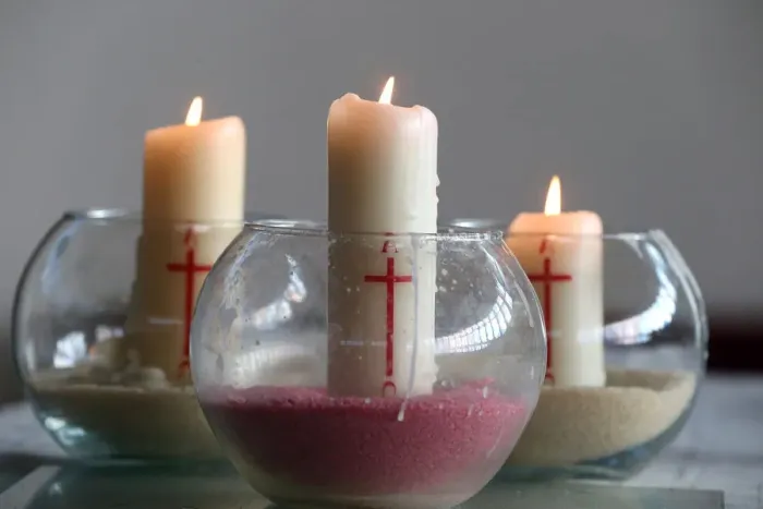 Framed Print : Three church candles in sand, Bussy-Saint-Georges, Seine-et-Marne, France, Europe