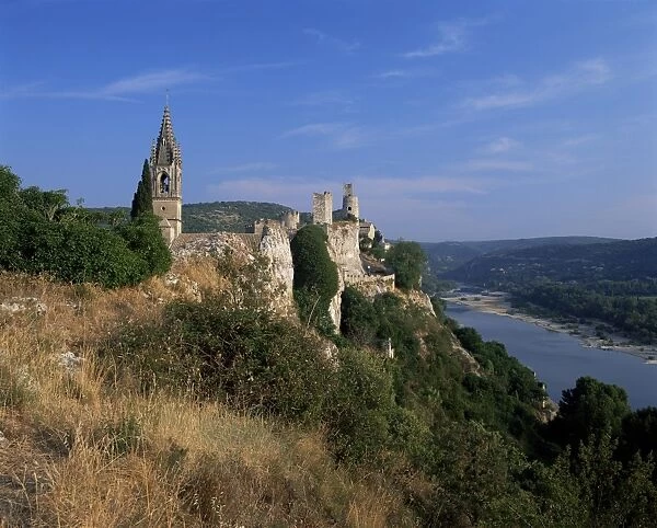 Church and castle overlooking the Ardeche River, Aigueze, Gard, Languedoc Roussillon