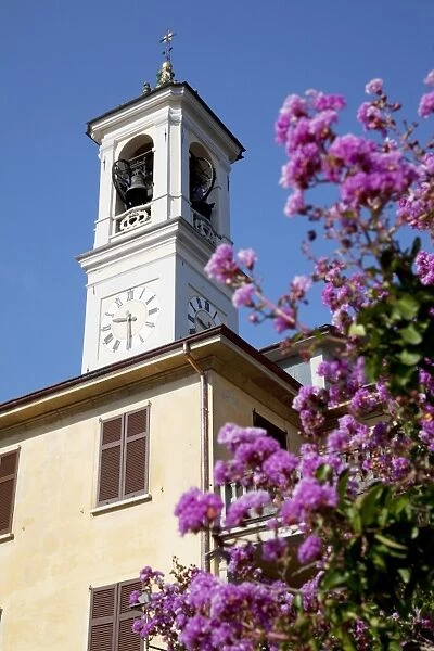 Church clocktower and flowers, Cadenabbia, Lake Como, Lombardy, Italy, Europe