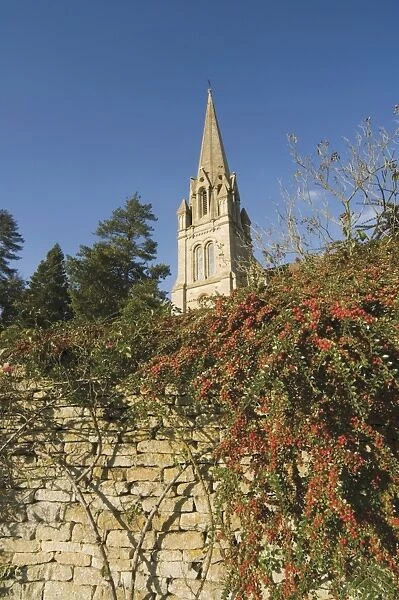The church and dry stone wall, Batsford, The Cotswolds, Gloucestershire