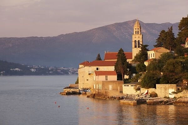 Church in evening light, near Korcula Town, Korcula Island, Dalmatia, Croatia, Europe