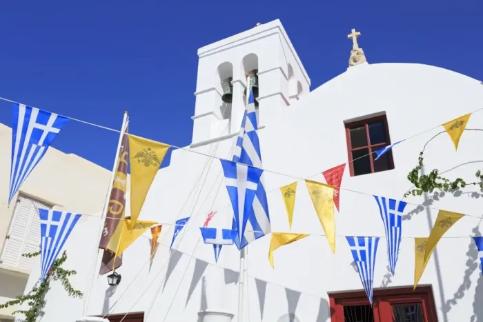 Framed Print : Church with flags in Mykonos Town, Mykonos Island, Cyclades, Greek Islands, Greece, Europe Framed Print : Church with flags in Mykonos Town, Mykonos Island, Cyclades, Greek Islands, Greece, Europe