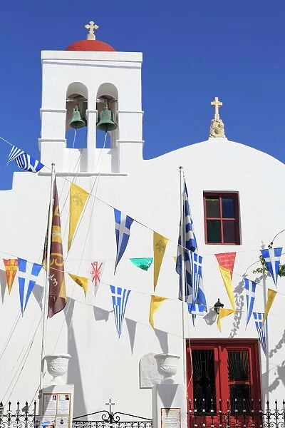 Church with flags in Mykonos Town, Mykonos Island, Cyclades, Greek Islands, Greece, Europe