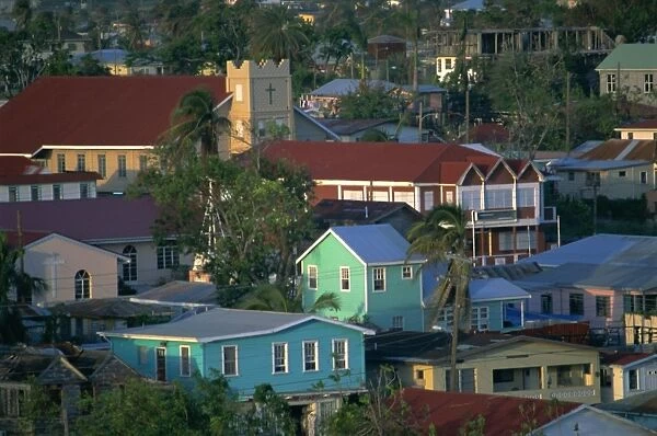 Church and houses, St. Johns, Antigua, Leeward Islands, Caribbean, Central America