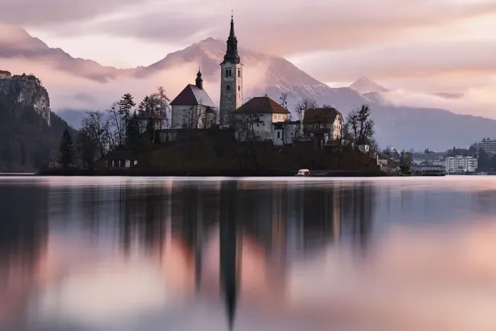 Framed Print : A church in the island in the middle of Bled lake at sunrise, Slovenia, Europe Framed Print : A church in the island in the middle of Bled lake at sunrise, Slovenia, Europe