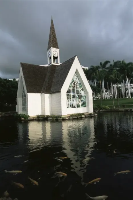 Framed Print : Church and koi pond Framed Print : Church and koi pond