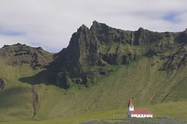 Church at bottom of mountain, Vik, Iceland, Polar Regions