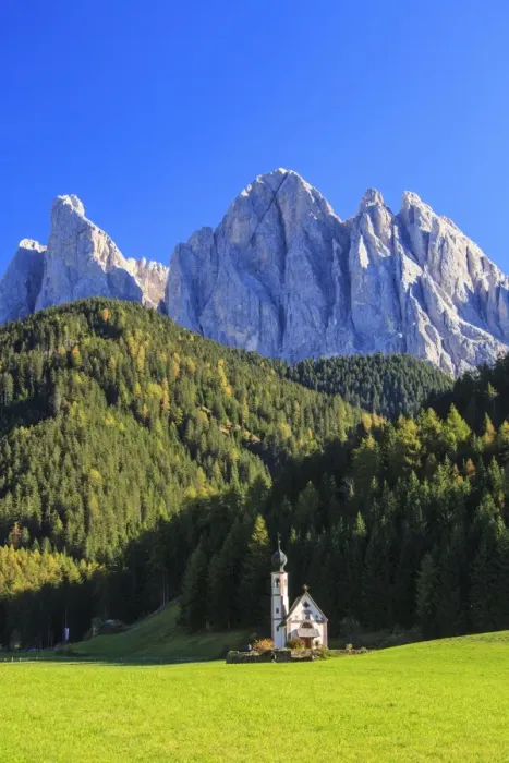 Framed Print : Church of Ranui surrounded by green meadows in autumn, St. Magdalena, Funes Valley Framed Print : Church of Ranui surrounded by green meadows in autumn, St. Magdalena, Funes Valley
