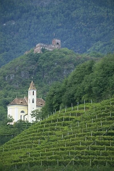 Church and ruined castle at Missiano, Caldero wine district, Bolzano, Alto Adige