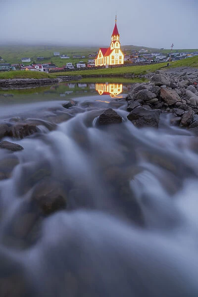 Church of Sandavagur at dusk, Vagar island, Faroe Islands, Denmark