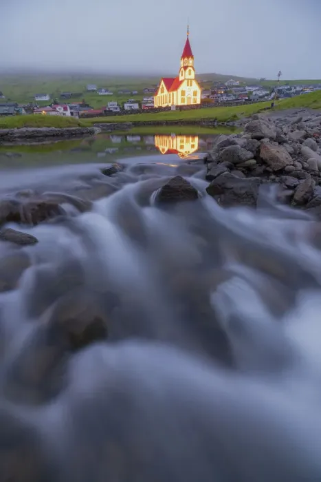 Framed Print : Church of Sandavagur at dusk, Vagar island, Faroe Islands, Denmark Framed Print : Church of Sandavagur at dusk, Vagar island, Faroe Islands, Denmark