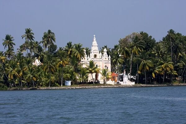 Church on the shores of Ashtamudi Lake, Kollam, Kerala, India, Asia