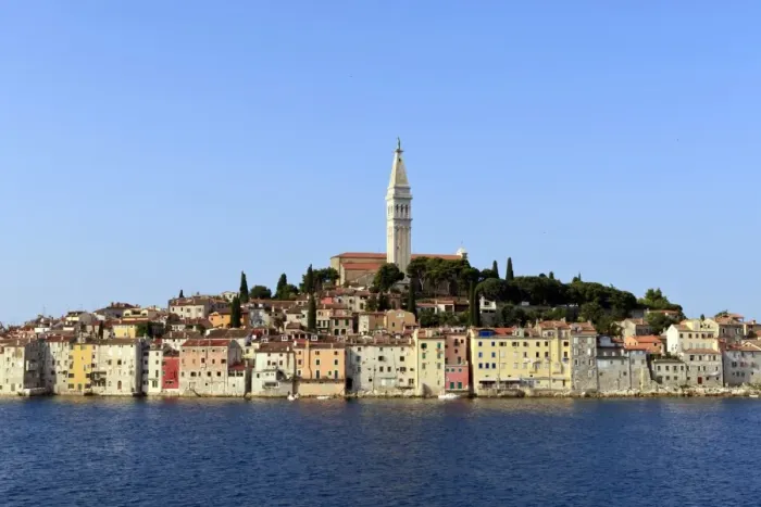 Framed Print : Church of St. Euphemia and Old Town from the sea on a summers early morning, Rovinj (Rovigno) peninsula, Istria, Croatia, Europe Framed Print : Church of St. Euphemia and Old Town from the sea on a summers early morning, Rovinj (Rovigno) peninsula, Istria, Croatia, Europe