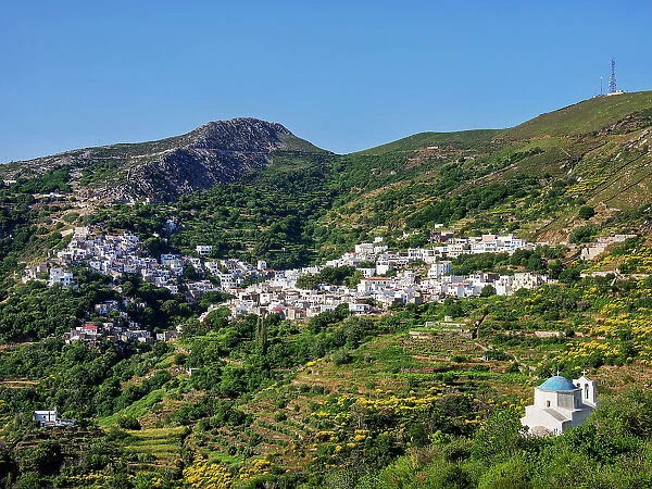 Church of St. George and Koronos Village seen from Skado Village, Naxos Island, Cyclades, Greek Islands, Greece, Europe